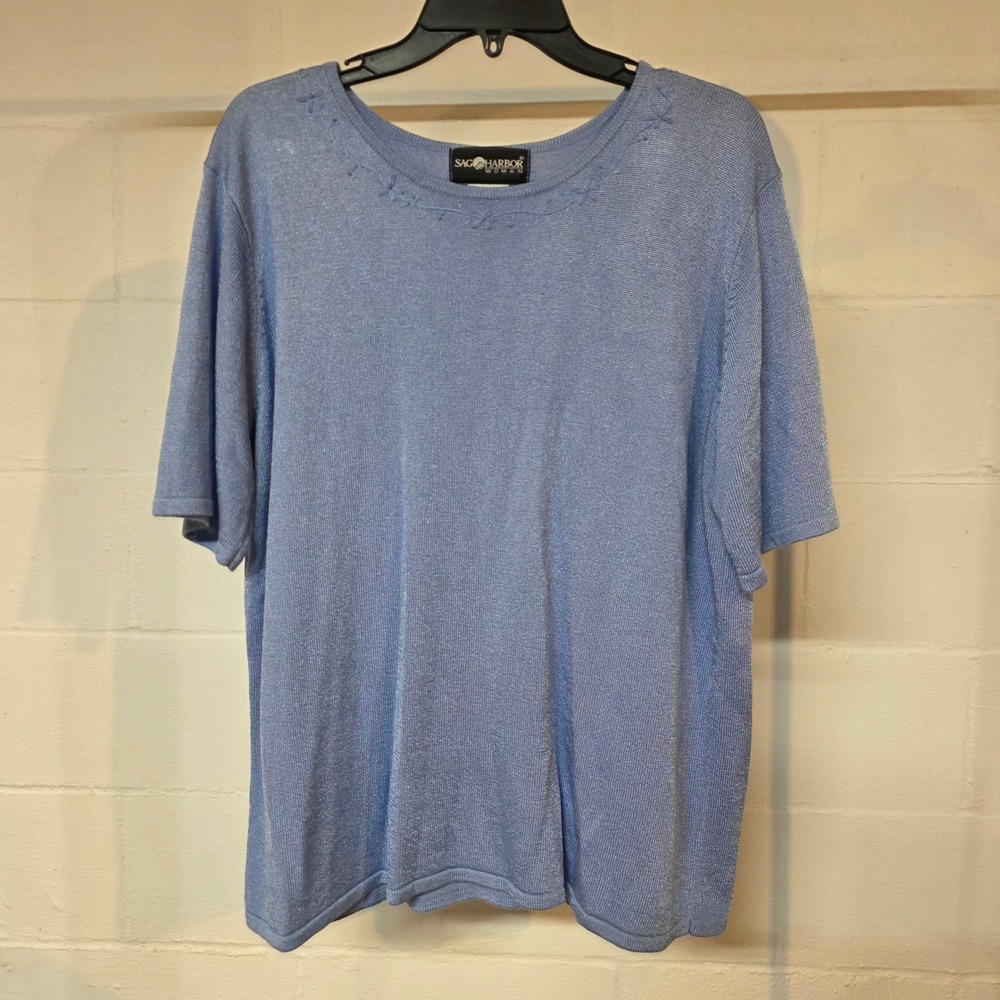 Sag Harbor Woman 1X Periwinkle Blue‎ Short Sleeve Knit Top Embroidered Neckline